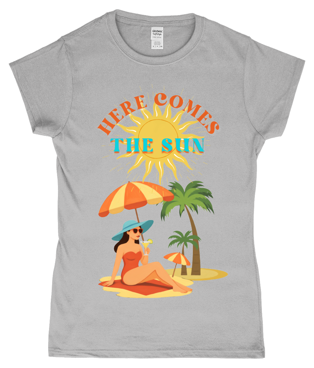 Here Comes the Sun T-shirt Gildan SoftStyle ladies fitted T-shirt Here Comes the Sun design, ringspun cotton, sports grey, front view