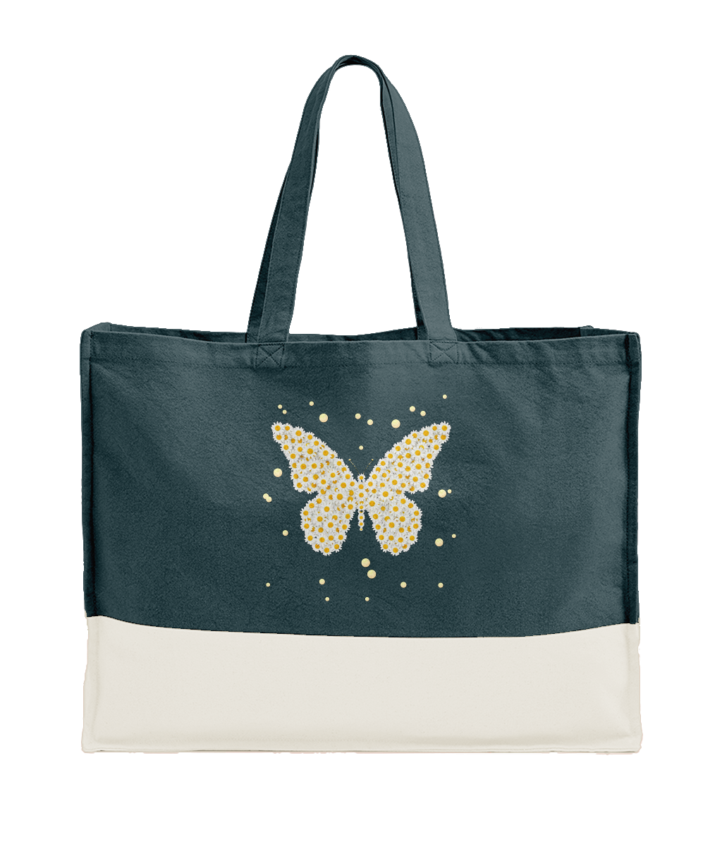 Tote bag in dark teal with white bottom stripe and sparkling butterfly floral print
