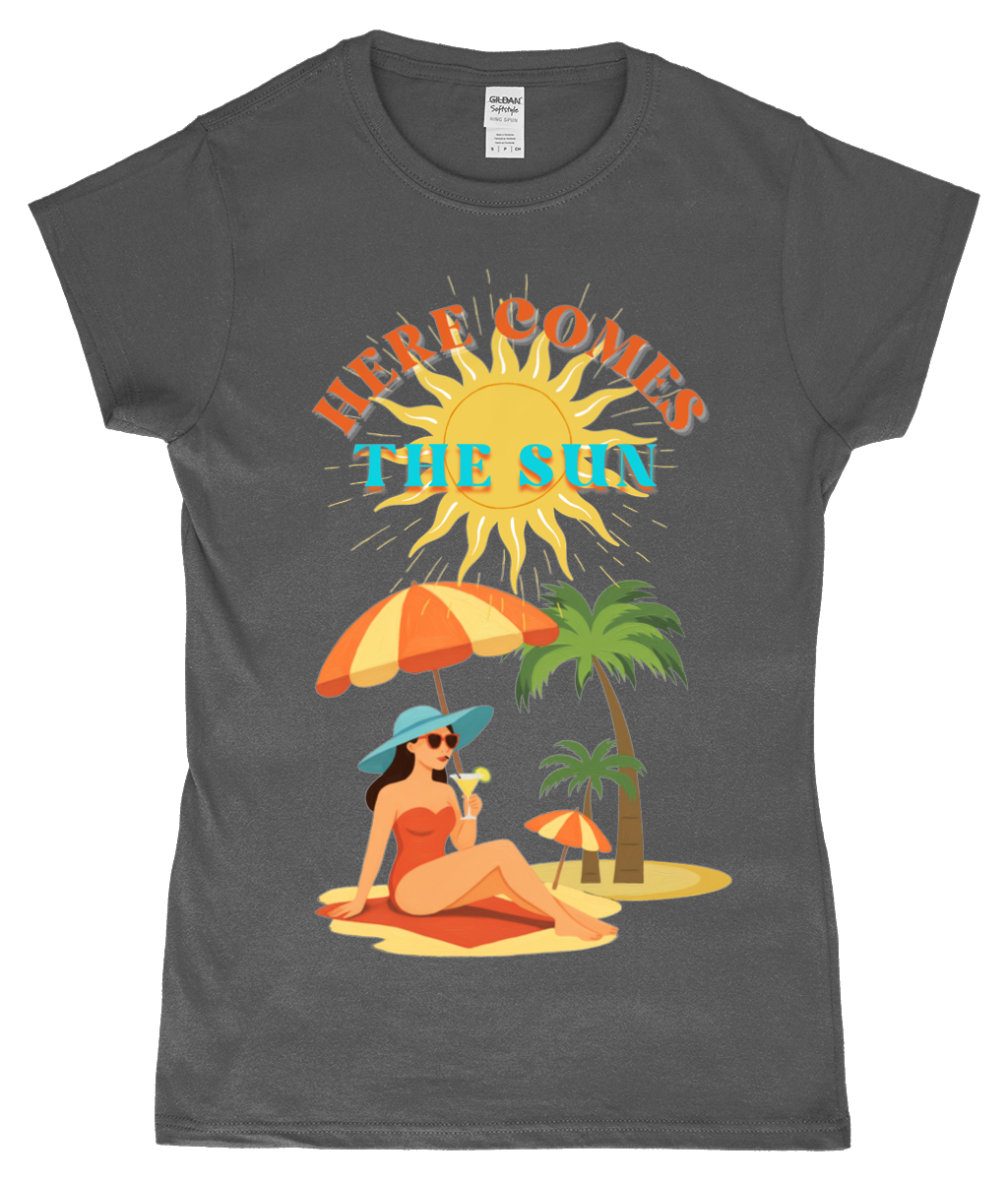 Here Comes the Sun T-shirt Gildan SoftStyle ladies fitted T-shirt Here Comes the Sun design, ringspun cotton, graphite heather, front view