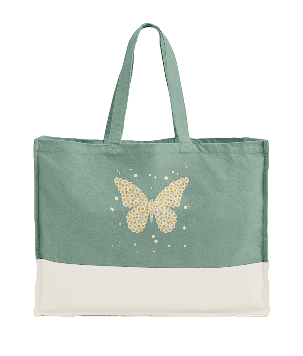 Tote bag in sage green with white bottom stripe and sparkling butterfly floral print