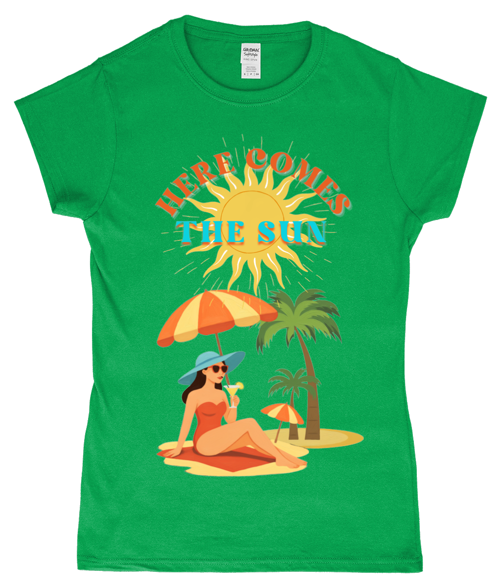 Here Comes the Sun T-shirt Gildan SoftStyle ladies fitted T-shirt Here Comes the Sun design, ringspun cotton, Irish green, front view