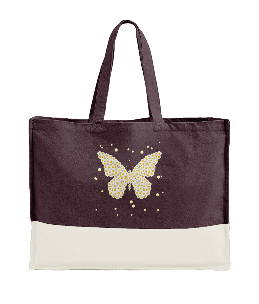 Tote bag in oxblood with white bottom stripe and sparkling butterfly floral print