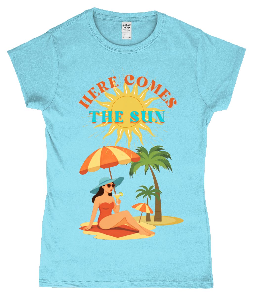 Here Comes the Sun T-shirt Gildan SoftStyle ladies fitted T-shirt Here Comes the Sun design, ringspun cotton, sky blue, front view