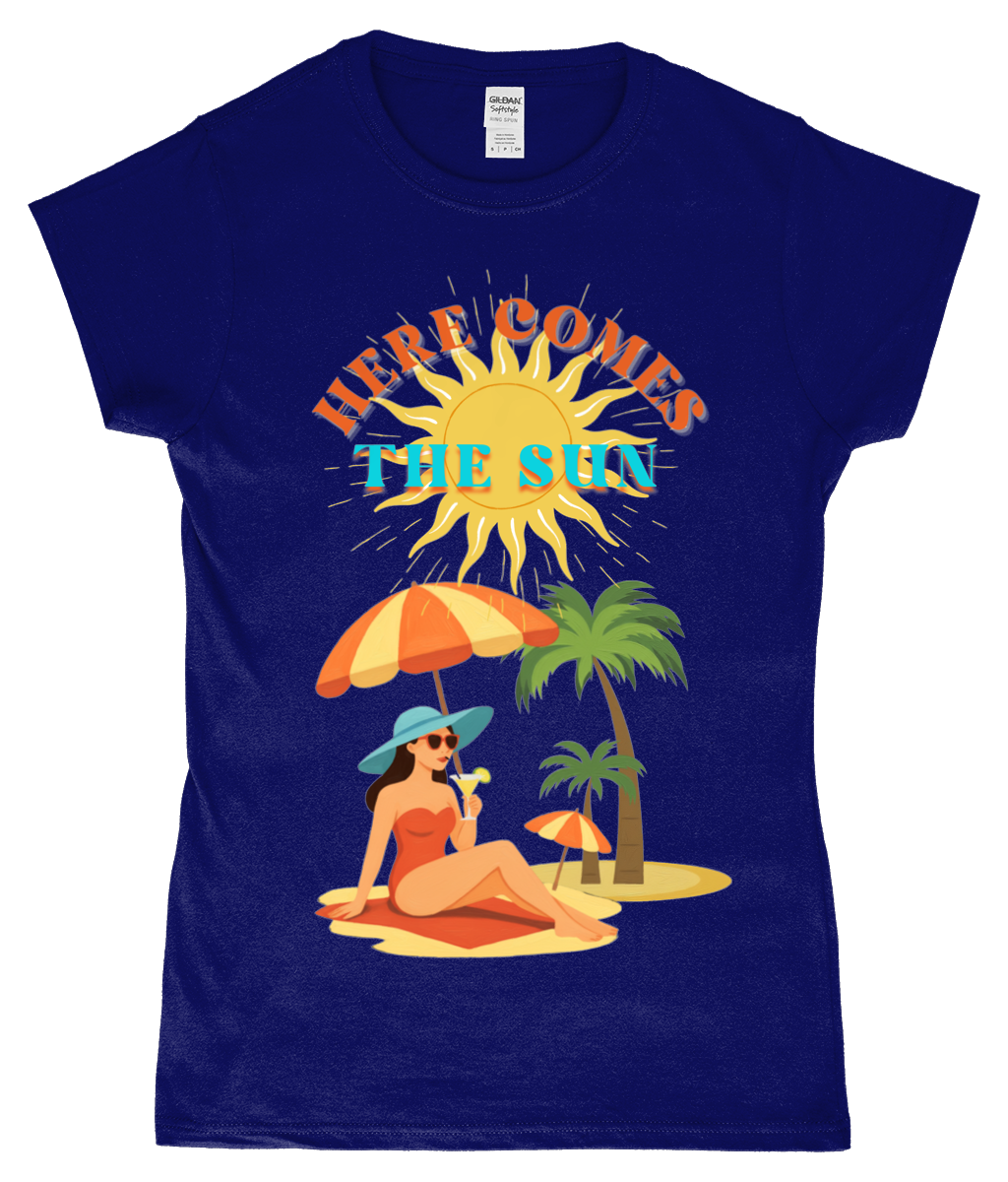Here Comes the Sun T-shirt Gildan SoftStyle ladies fitted T-shirt Here Comes the Sun design, ringspun cotton, navy, front view