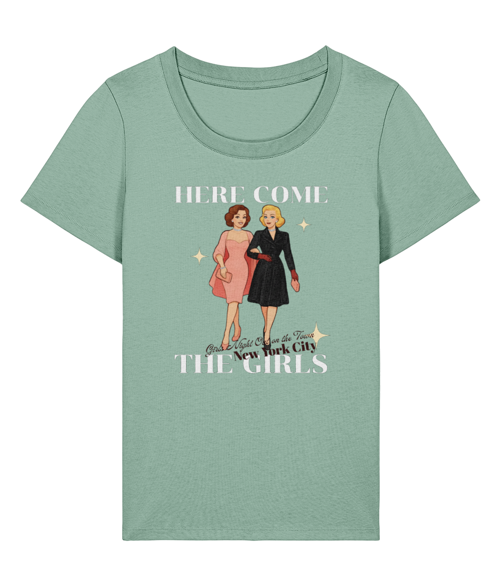 Here Come the Girls T-shirt | `Stanley Stella Stella Expresser 2.0 Here Come the Girls women's organic cotton T-shirt, aloe, front view`