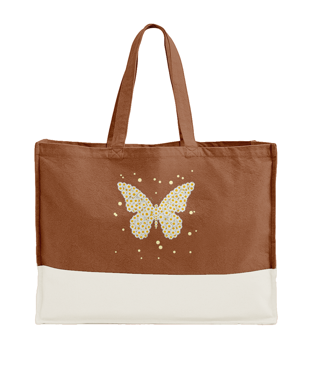 Tote bag in pumpkin brown with white bottom stripe and sparkling butterfly floral print