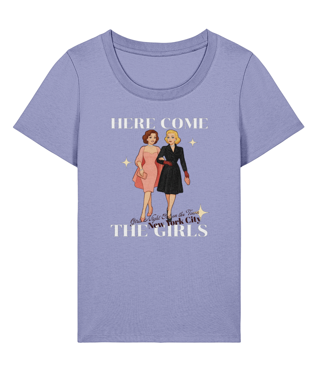 Here Come the Girls T-shirt `Stanley Stella Stella Expresser 2.0 Here Come the Girls women's organic cotton T-shirt, violet, front view`