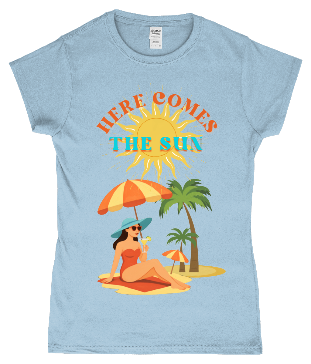 Here Comes the Sun T-shirt Gildan SoftStyle ladies fitted T-shirt Here Comes the Sun design, ringspun cotton, light blue, front view