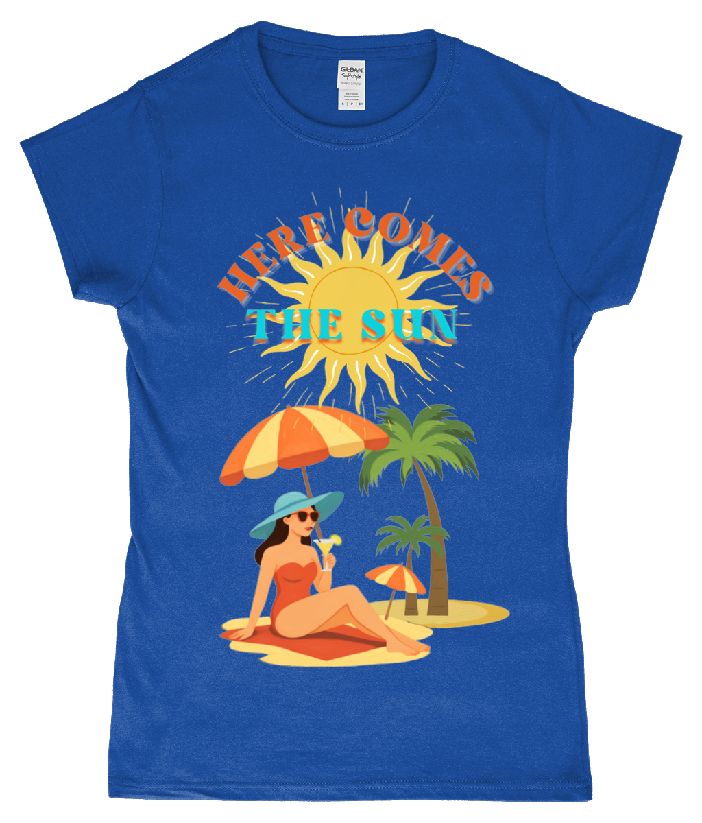Here Comes the Sun T-shirt Gildan SoftStyle ladies fitted T-shirt Here Comes the Sun design, ringspun cotton, royal blue, front view