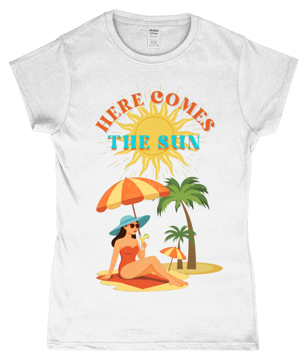 Here Comes the Sun T-shirt Gildan SoftStyle ladies fitted T-shirt Here Comes the Sun design, ringspun cotton, white, front view