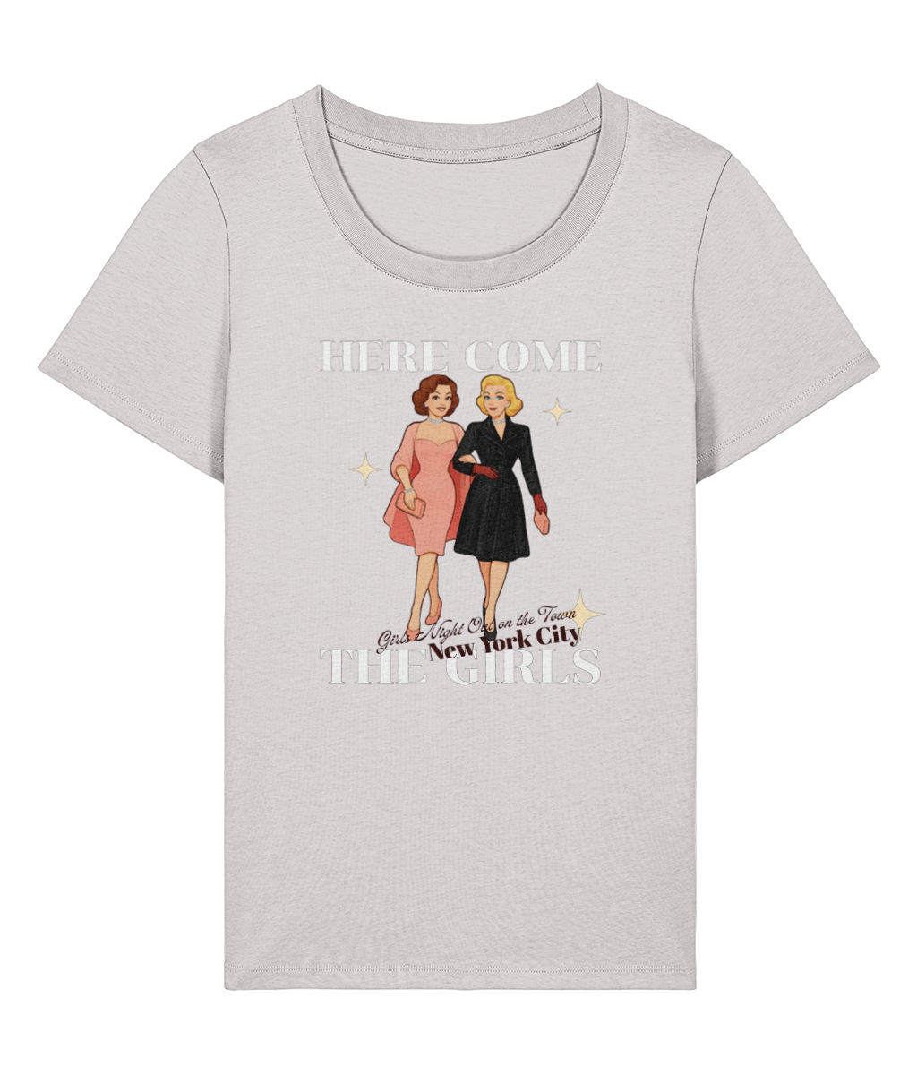 Here Come the Girls T-shirt `Stanley Stella Stella Expresser 2.0 Here Come the Girls women's organic cotton T-shirt, cool heather grey, front view`