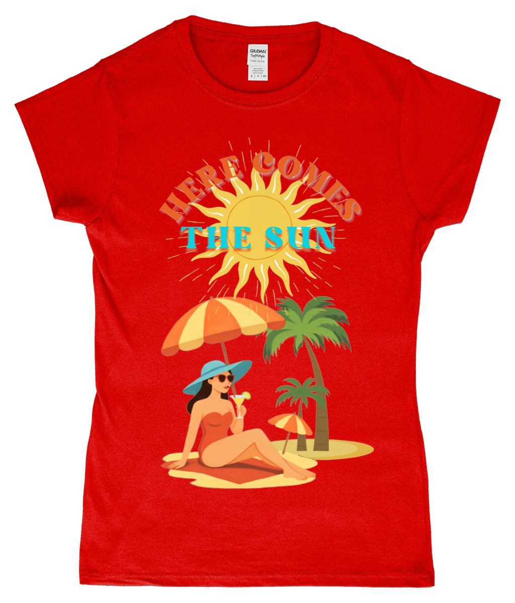 Here Comes the Sun T-shirt Gildan SoftStyle ladies fitted T-shirt Here Comes the Sun design, ringspun cotton, red, front view