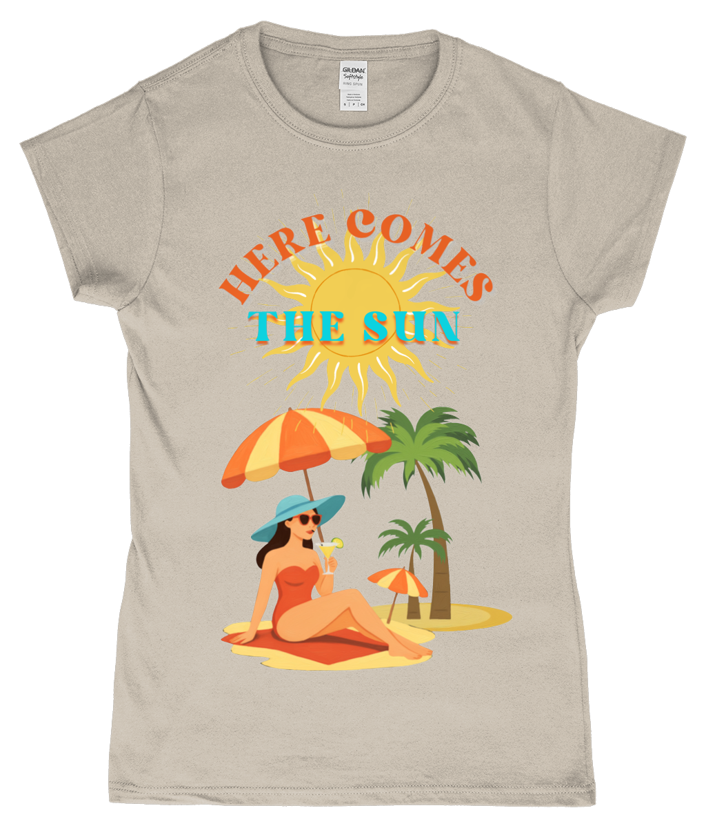 Here Comes the Sun T-shirt Gildan SoftStyle ladies fitted T-shirt Here Comes the Sun design, ringspun cotton, sand, front view
