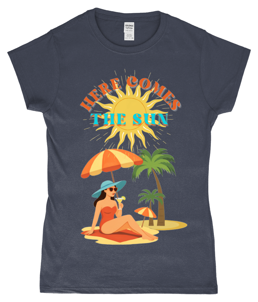 Here Comes the Sun T-shirt Gildan SoftStyle ladies fitted T-shirt Here Comes the Sun design, ringspun cotton, dark heather, front view