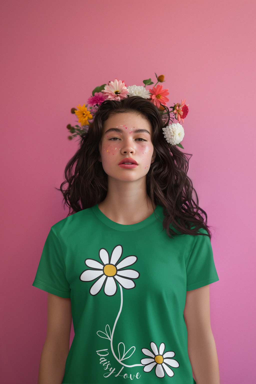 Lifestyle mockup of a woman in the verdant green Daisy Love women's T-shirt with flowers in her hair