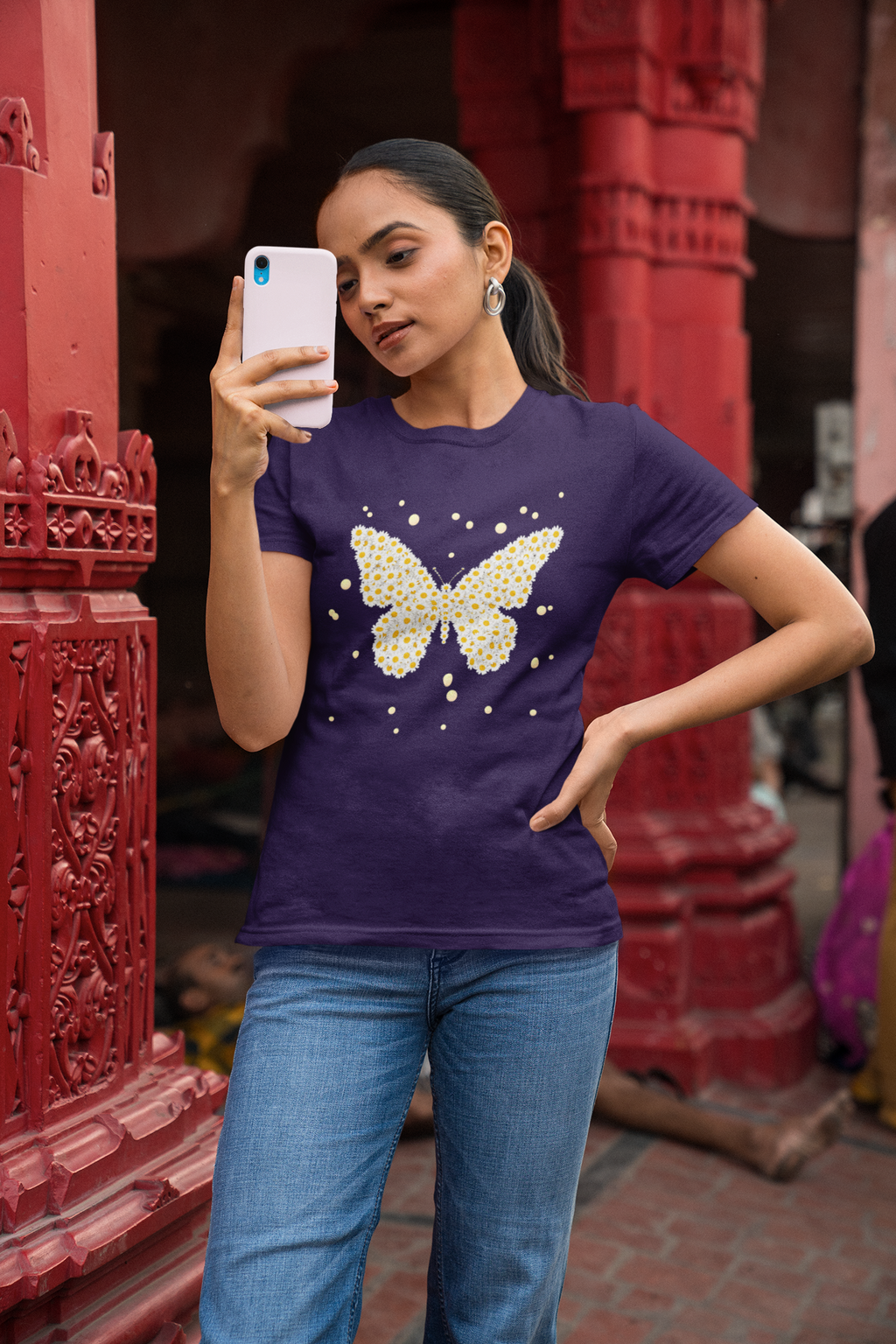 Women's purple sparkle butterfly floral graphic T-shirt, short sleeves