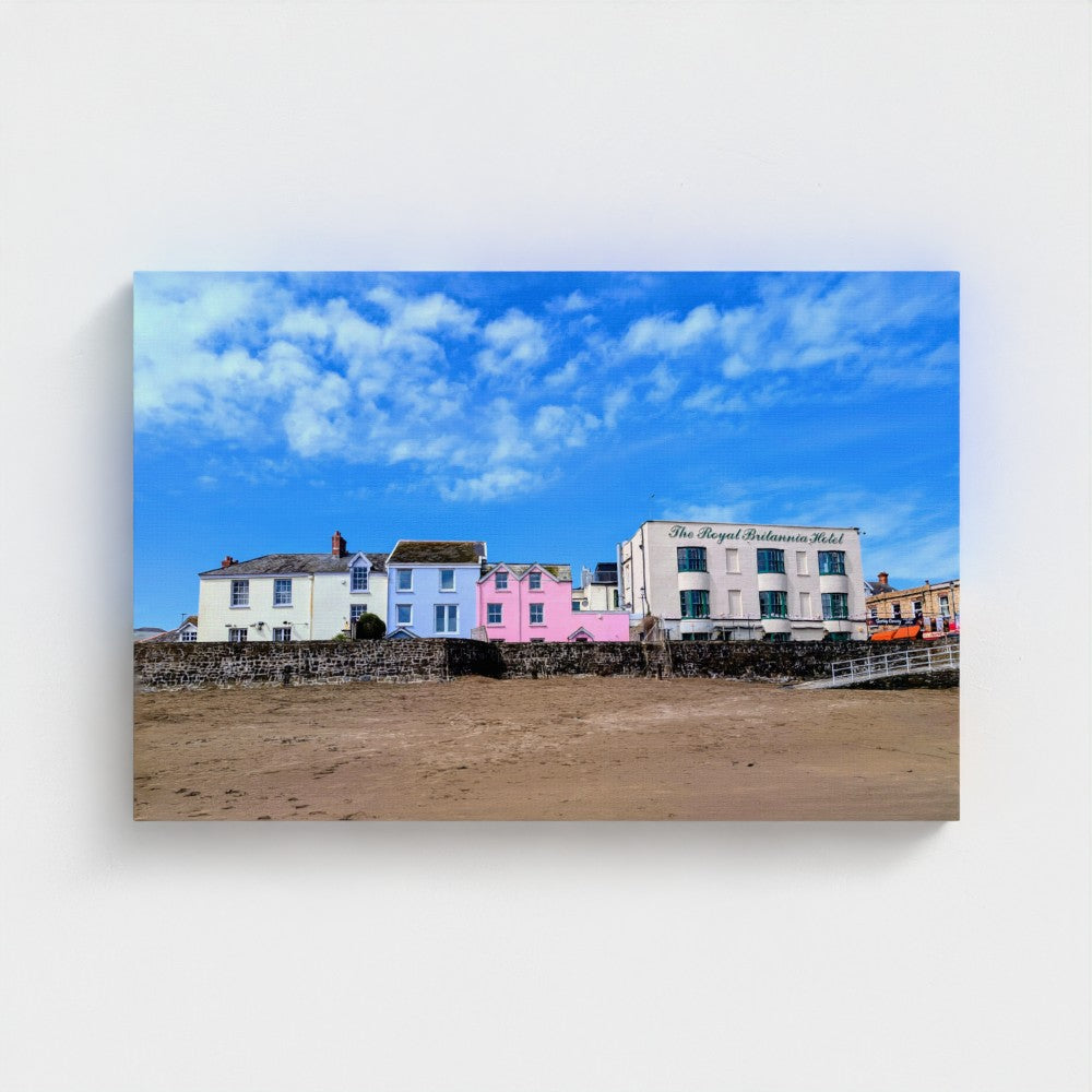 Eco canvas print landscape with beach, colorful facades, and blue cloudy sky
