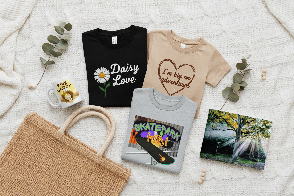 Product flat lay with neutral tee and bag