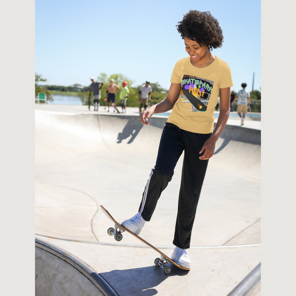 Kids yellow crew-neck T-shirt with short sleeves and colorful skateboard graphic front