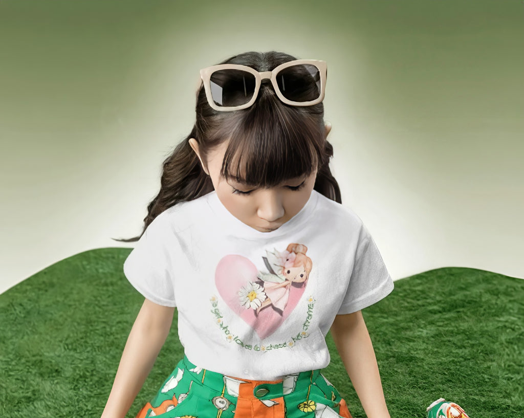 Girls' white graphic T-shirt with pink heart and teddy bear print