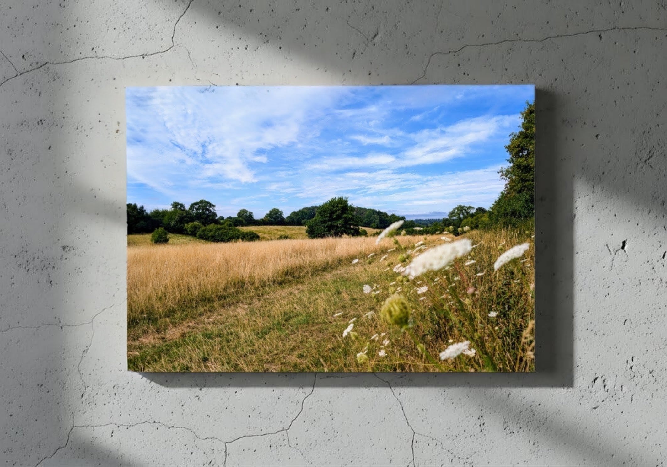 Landscape canvas wall art with hay meadow path and blue sky