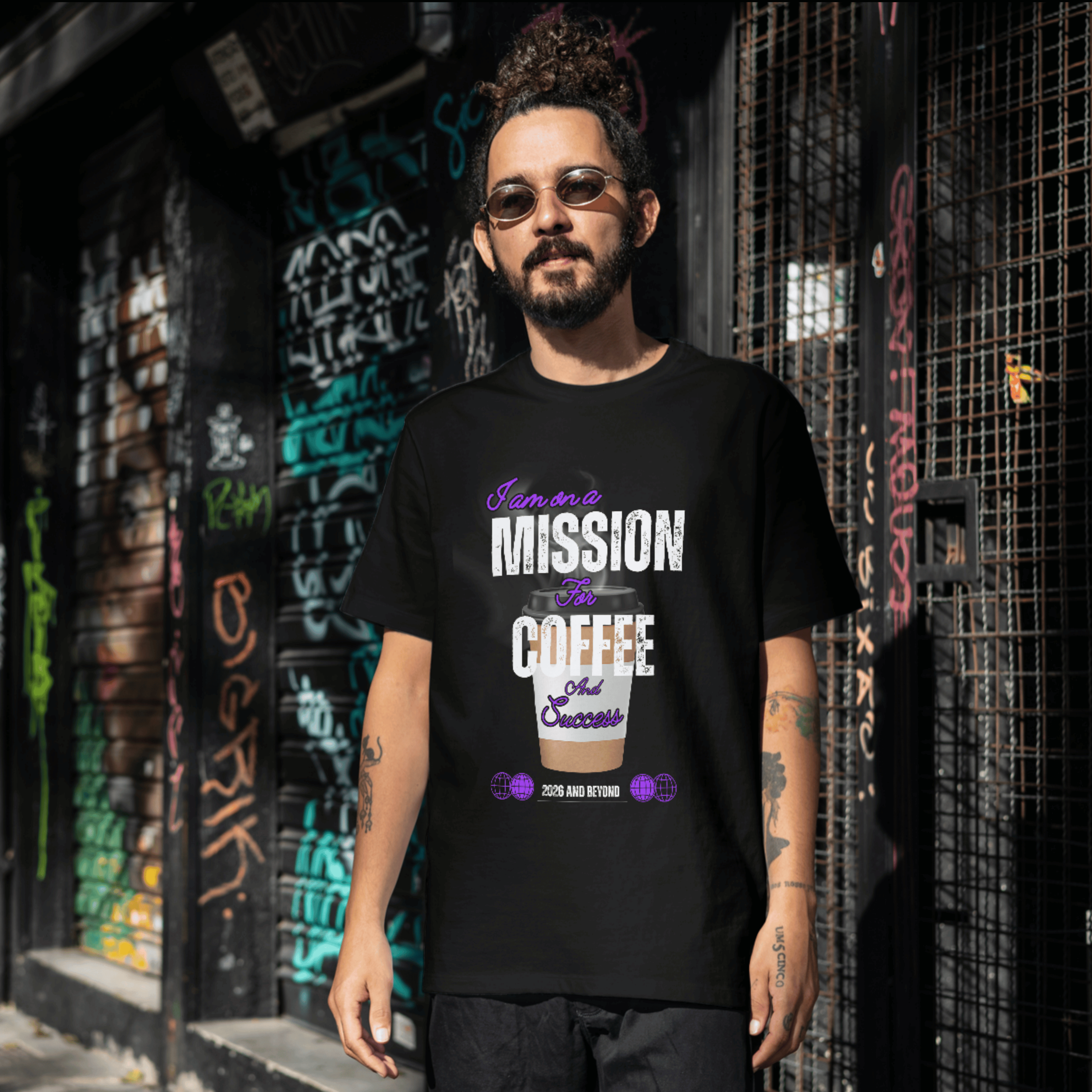 Black T-shirt with “Mission for Coffee” front graphic