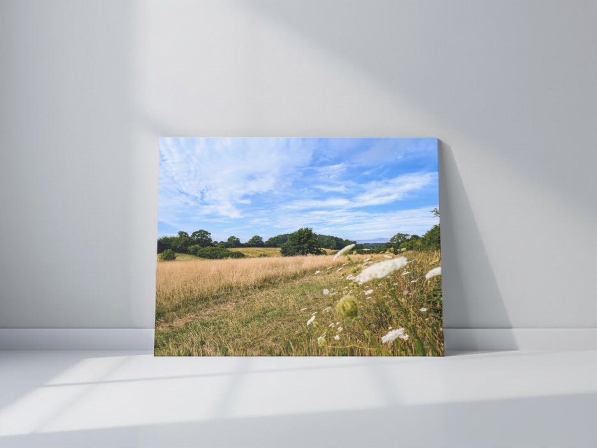 Canvas wall art of a summer hay meadow landscape with blue sky and trees
