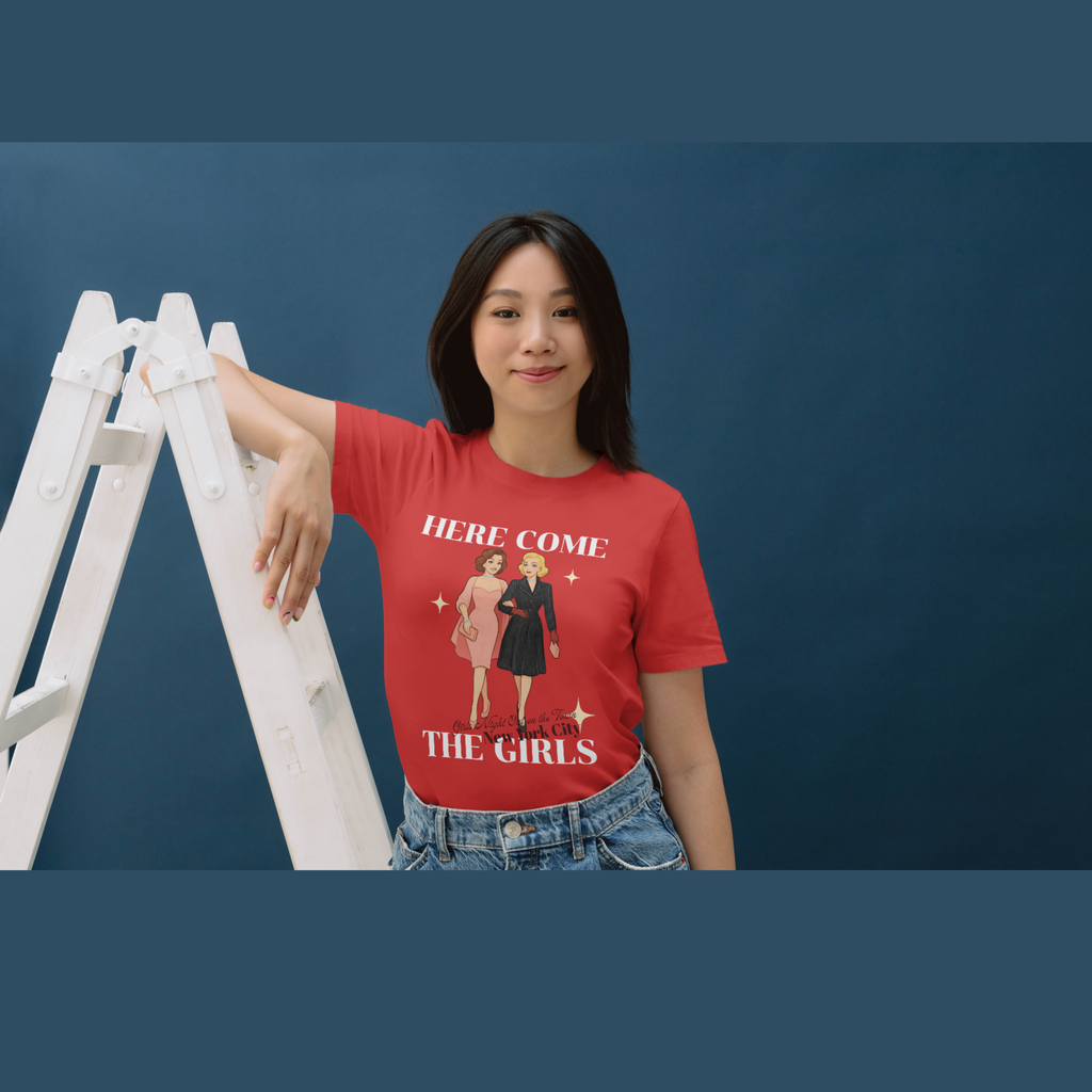 Girls' red graphic T-shirt with short sleeves and 'Here come the girls' print