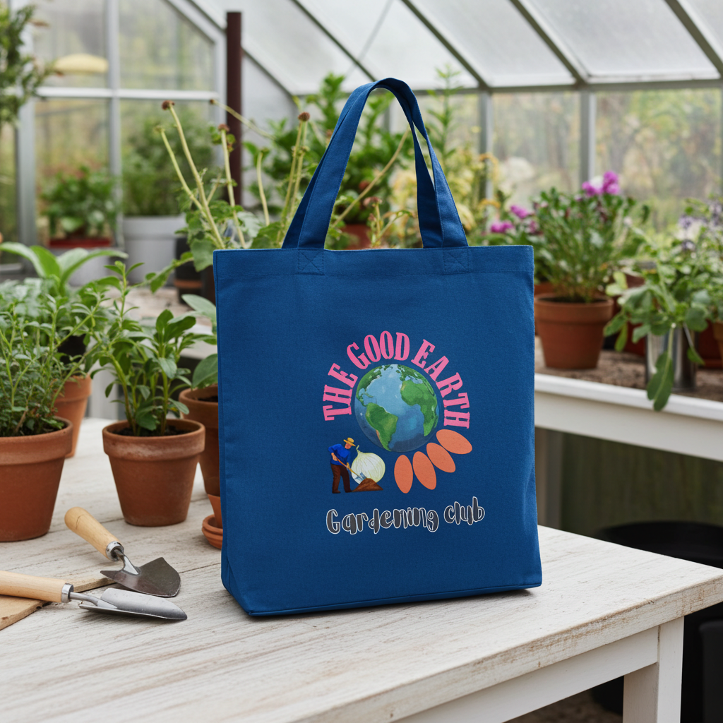 Blue tote bag with 'The Good Earth Gardening Club' design in a greenhouse setting